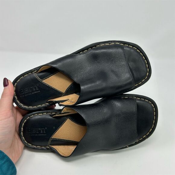 Born Women's Black Leather Wedge Slide Sandals Size 6 Open Toe Comfort Casual - Picture 10 of 14